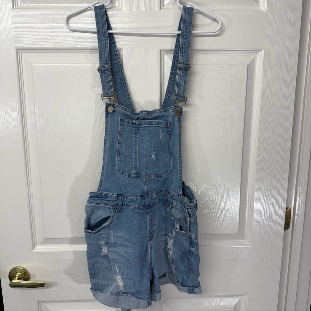 Casual Light Wash Distressed Denim Short Overalls Large